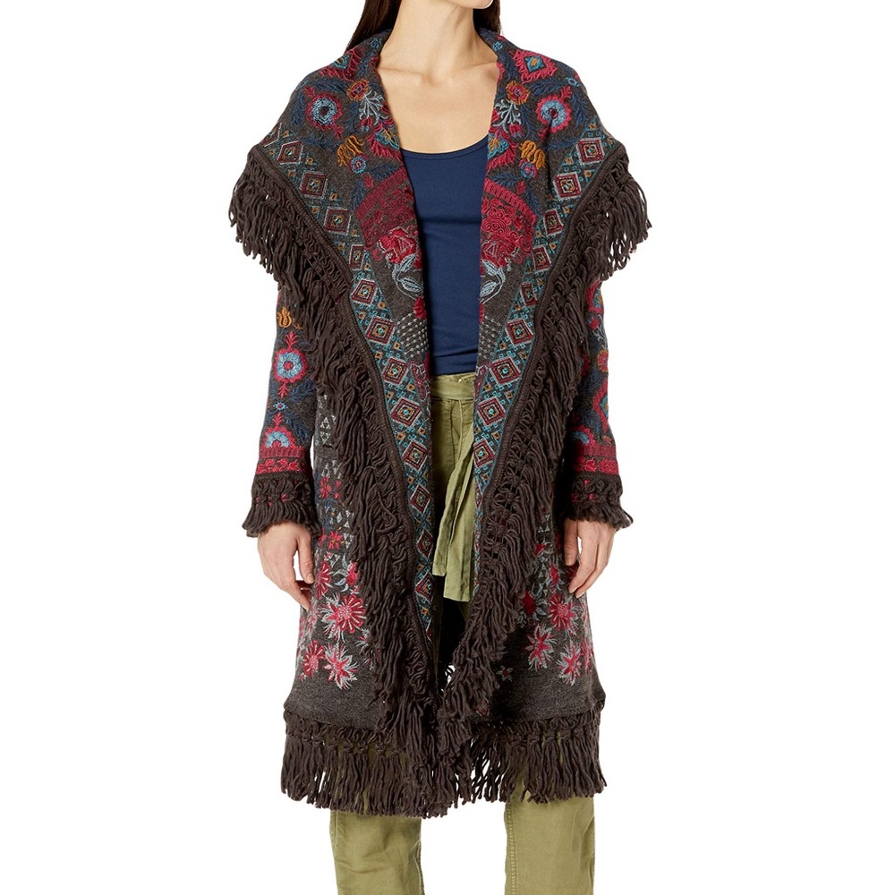 Johnny Was Biya Heavily Embroidered Hooded Sweater Coat With Fringe Size Medium